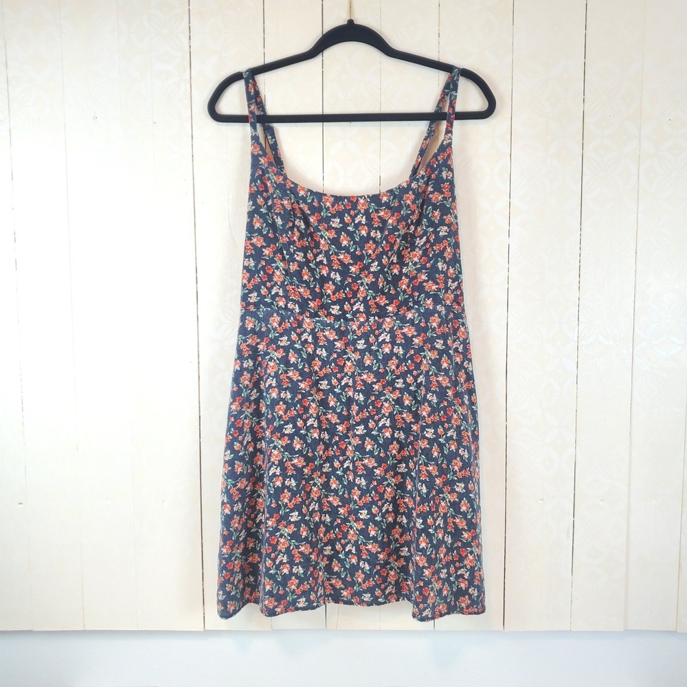 Old Navy Floral Mini Sundress Navy Blue Orange Smocked Back Pockets XL